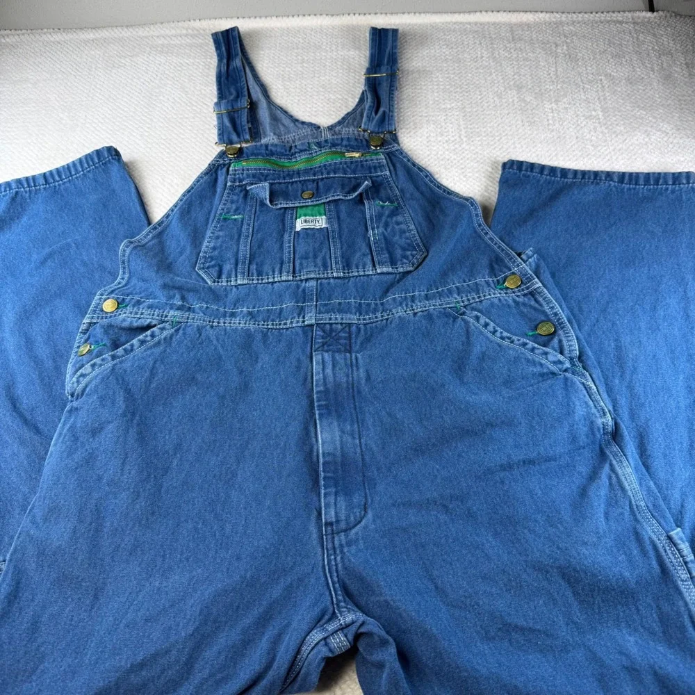 Liberty Mens Denim Bib Overalls Medium Wash Green Zipper P38402 38x32